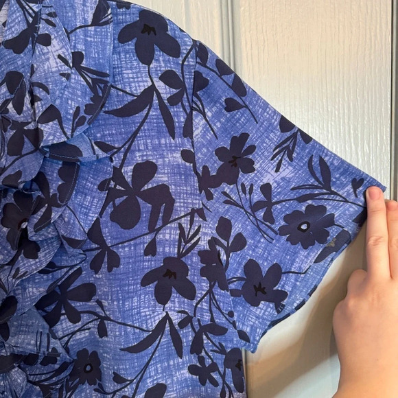 Pendleton 100% Silk Blue Black Floral Ruffle Button Blouse Top Summer  EUC Sz 16 - Picture 8 of 14